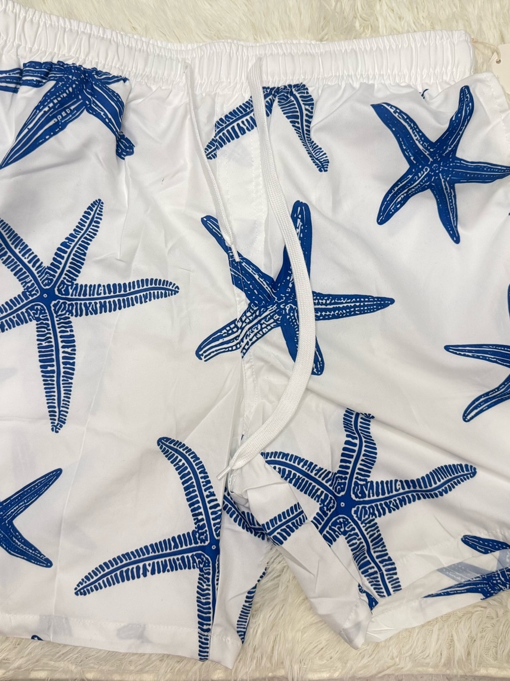 Men's White Swim Shorts with Blue Starfish Print